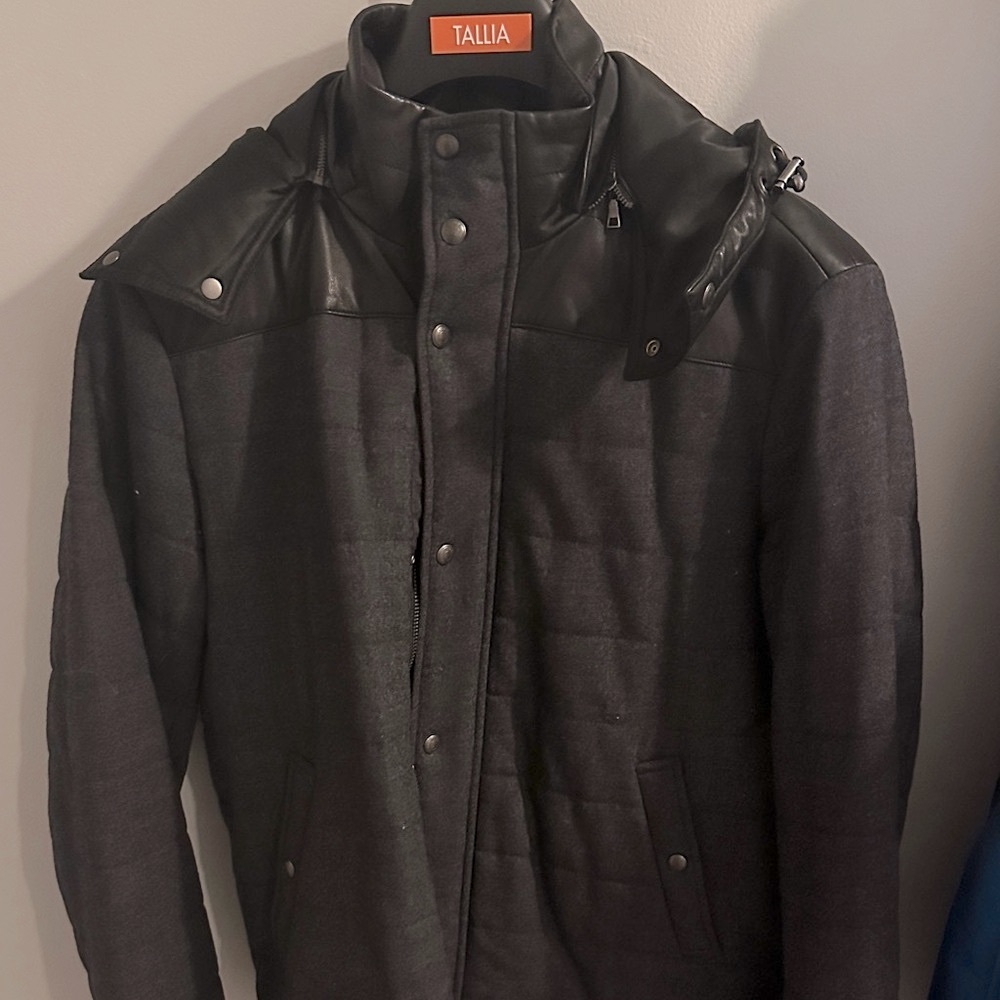 Vince Men's Dark Gray Wool Coat with Leather Hood
